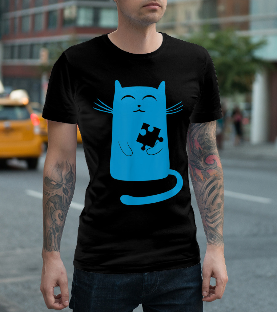 Autism Kitty Blue Cat Puzzle Piece Drawing T-Shirt