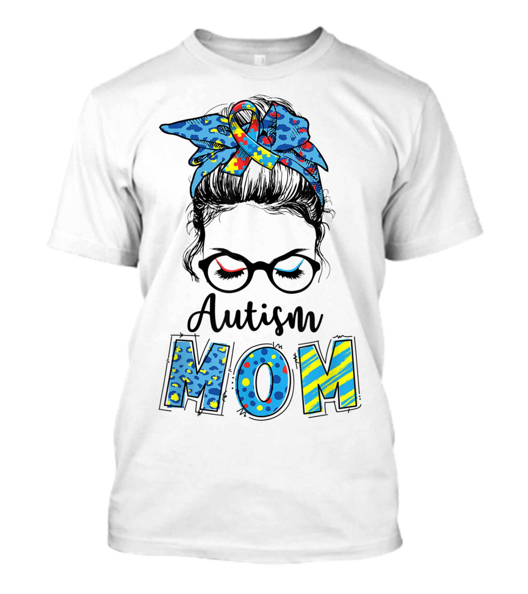 Autism Mom Messy Bun Glasses Colorful Ribbon Pattern Awareness T-Shirt