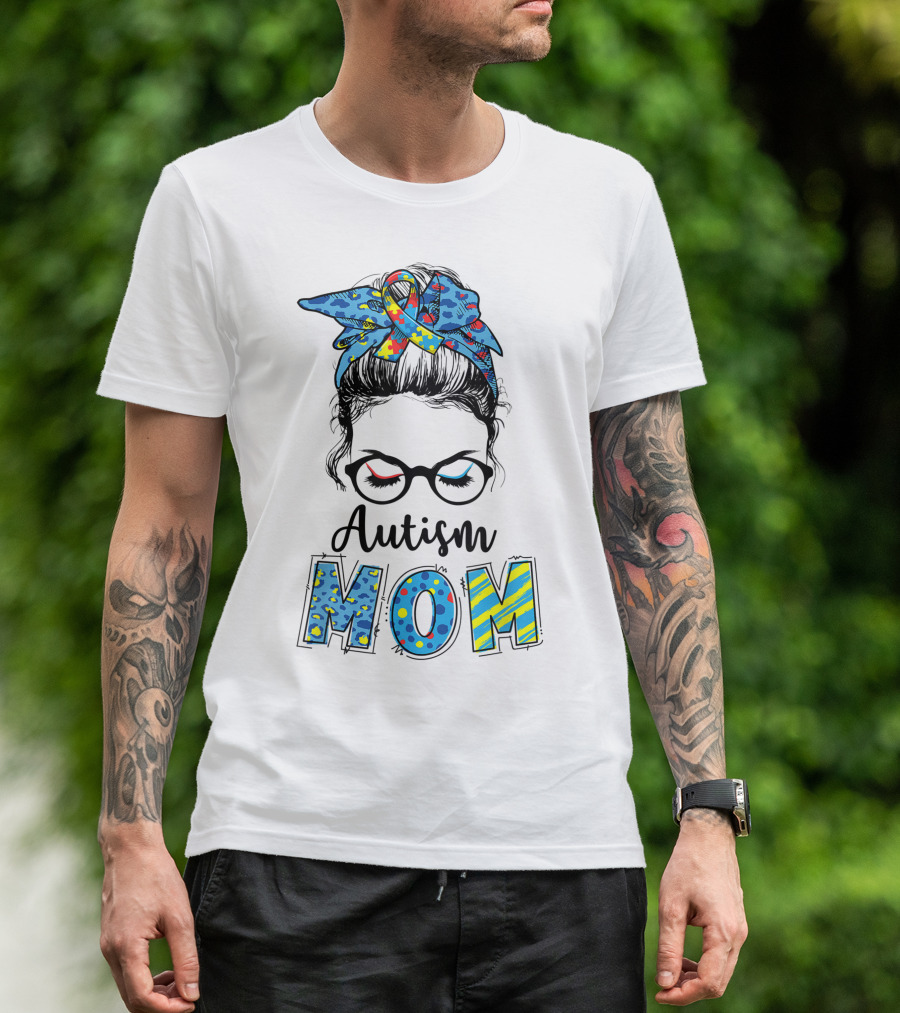 Autism Mom Messy Bun Glasses Colorful Ribbon Pattern Awareness T-Shirt