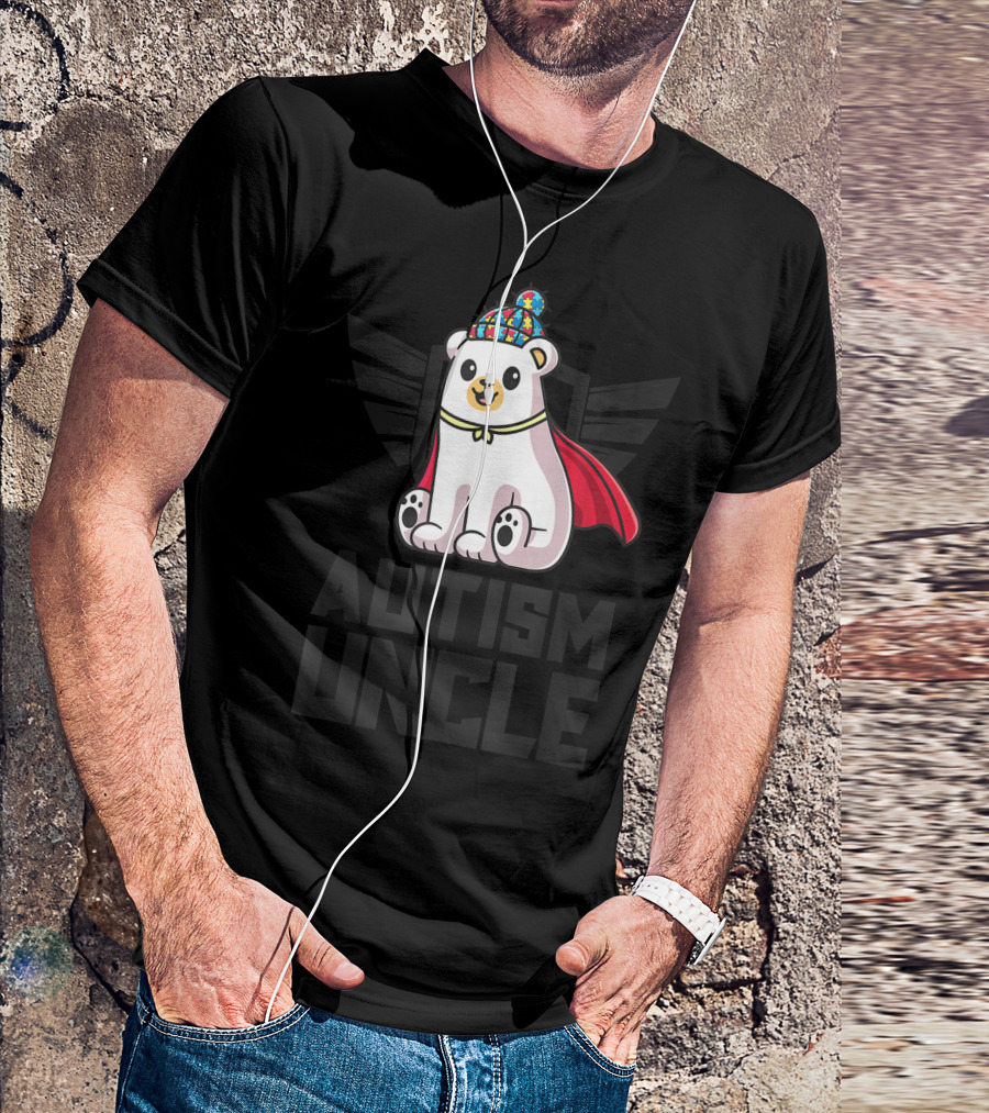 Autism Uncle Matching Family Autism Awareness Puzzle Bear With Cape And Puzzle Hat T-Shirt