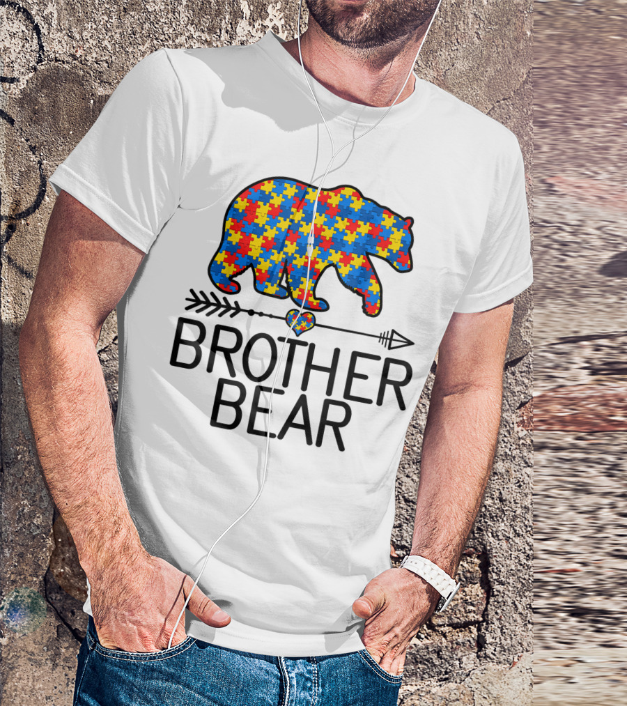 Brother Bear Puzzle Piece Autism Awareness Support Autistic Heart Arrow T-Shirt