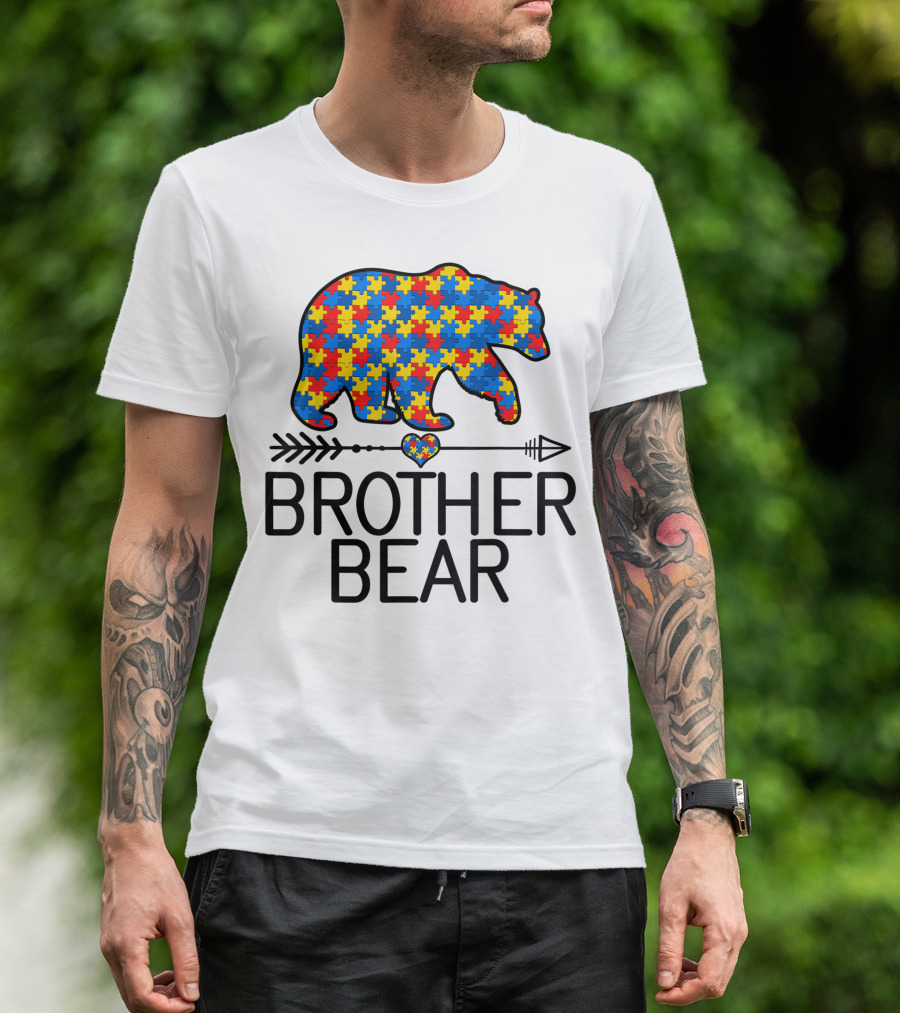Brother Bear Puzzle Piece Autism Awareness Support Autistic Heart Arrow T-Shirt