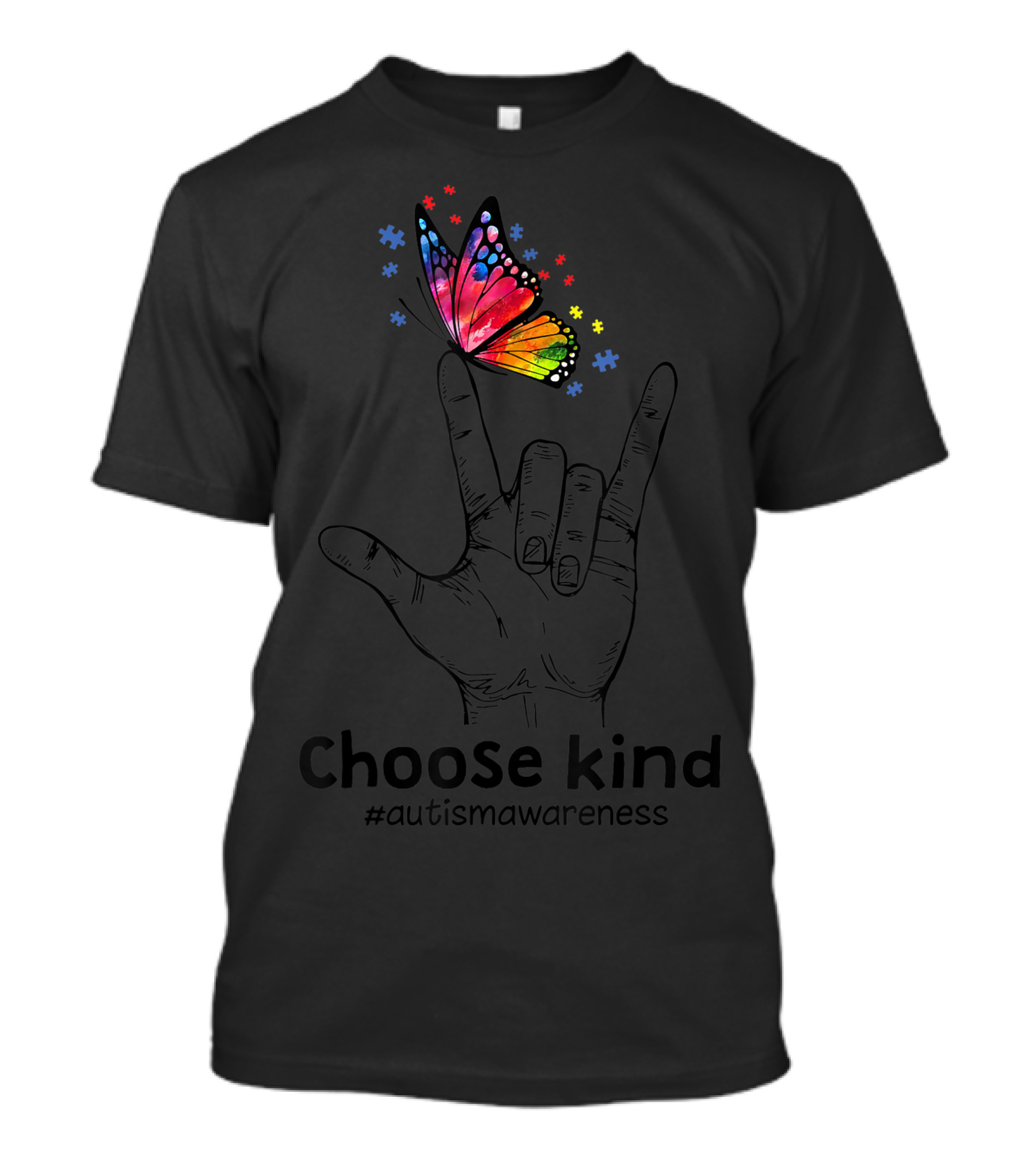 Choose Kind Autism Awareness I Love You Hand Sign Rainbow Butterfly T-Shirt