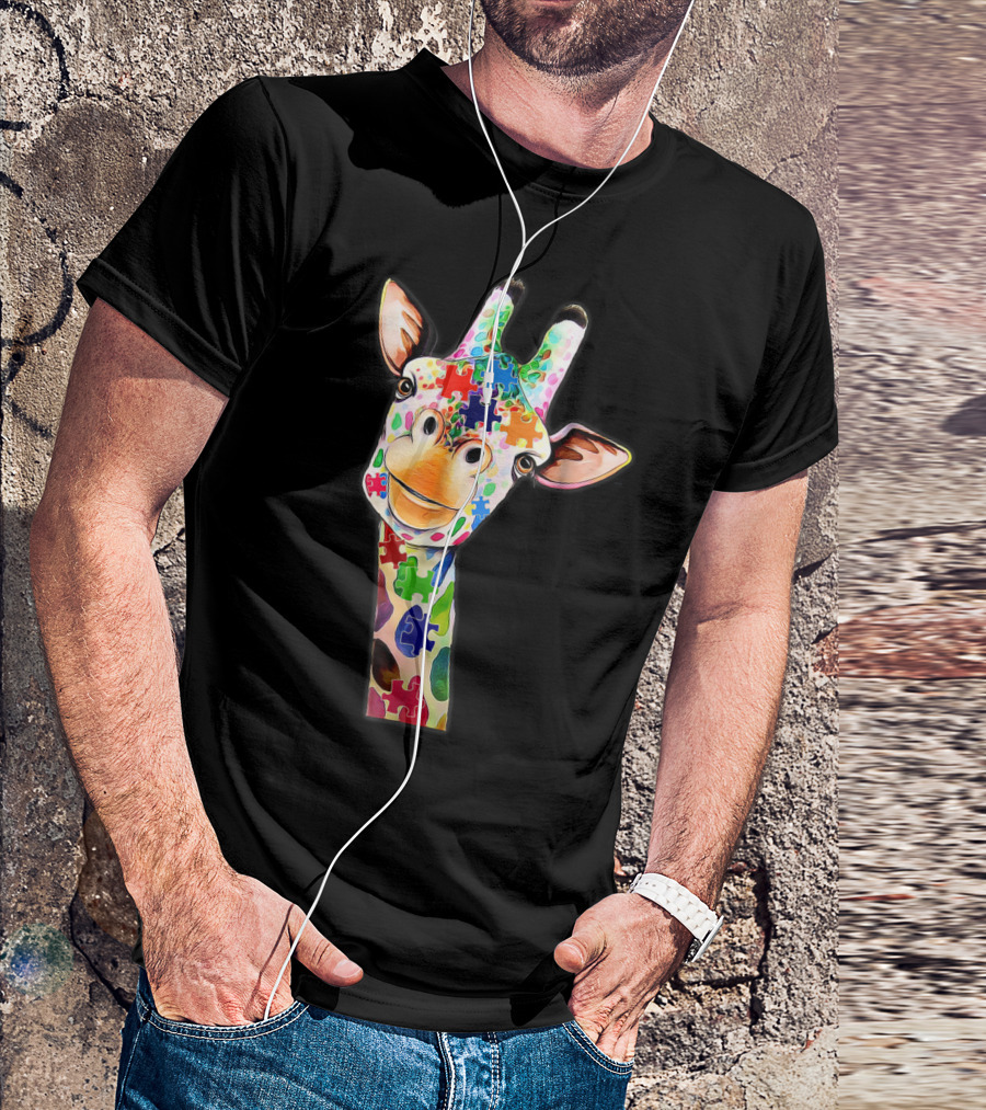 Cute Giraffe Puzzle Pattern Happy Autism Day Awareness Support T-Shirt