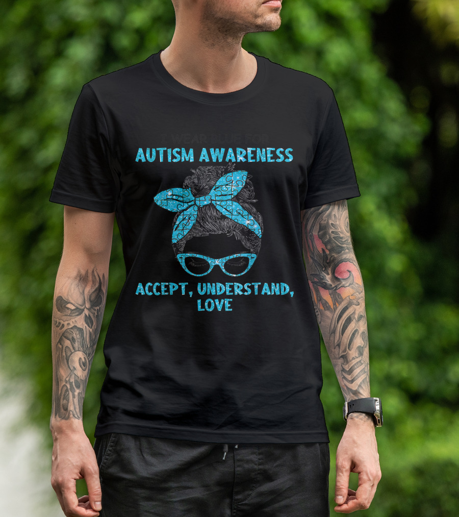 I Wear Blue For Autism Awareness Accept Understand Love Puzzle Pattern Headwrap And Glasses T-Shirt