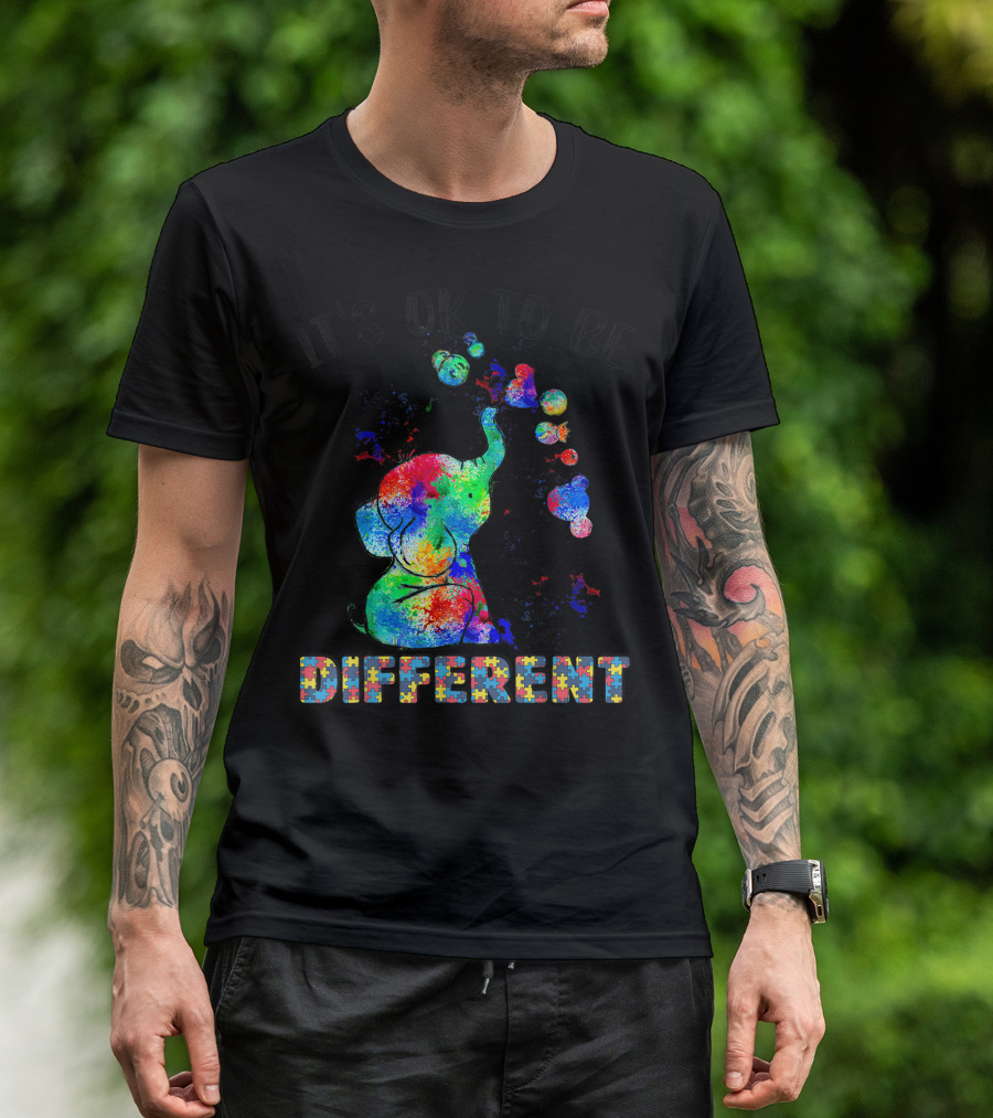 IT'S OK TO BE DIFFERENT Autism Awareness Day Elephant Multicolor Puzzle T-Shirt