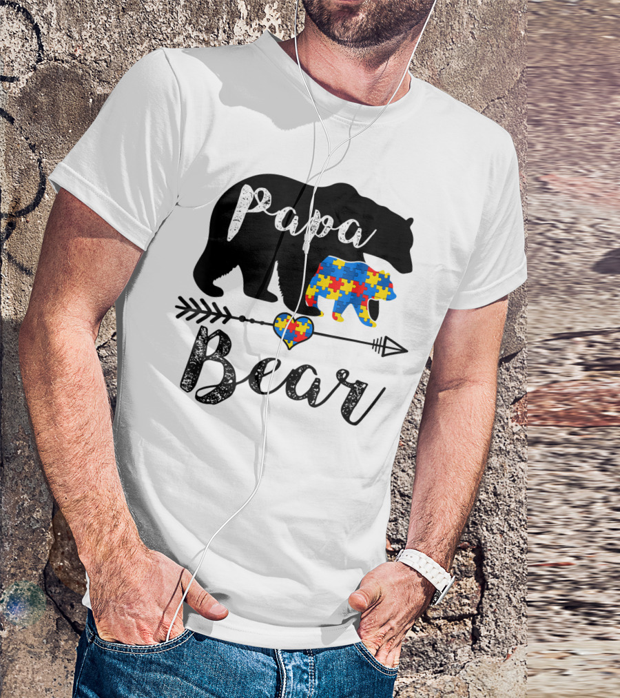Papa Bear Autism Awareness Puzzle Piece Heart Support T-Shirt