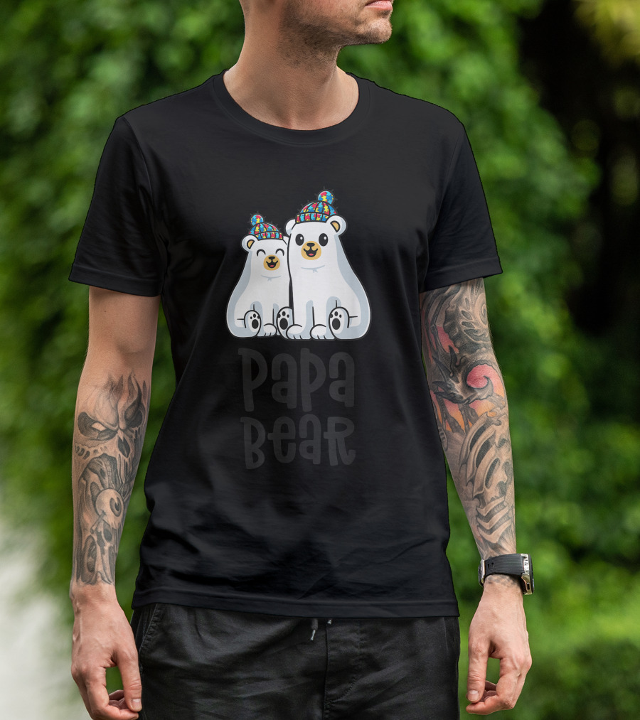 Papa Bear Matching Family Autism Awareness Dad Polar Bears With Puzzle Pattern Hats T-Shirt