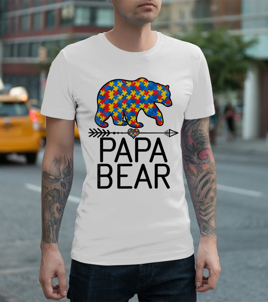 Papa Bear Puzzle Piece Heart Autism Awareness Support Autistic T-Shirt