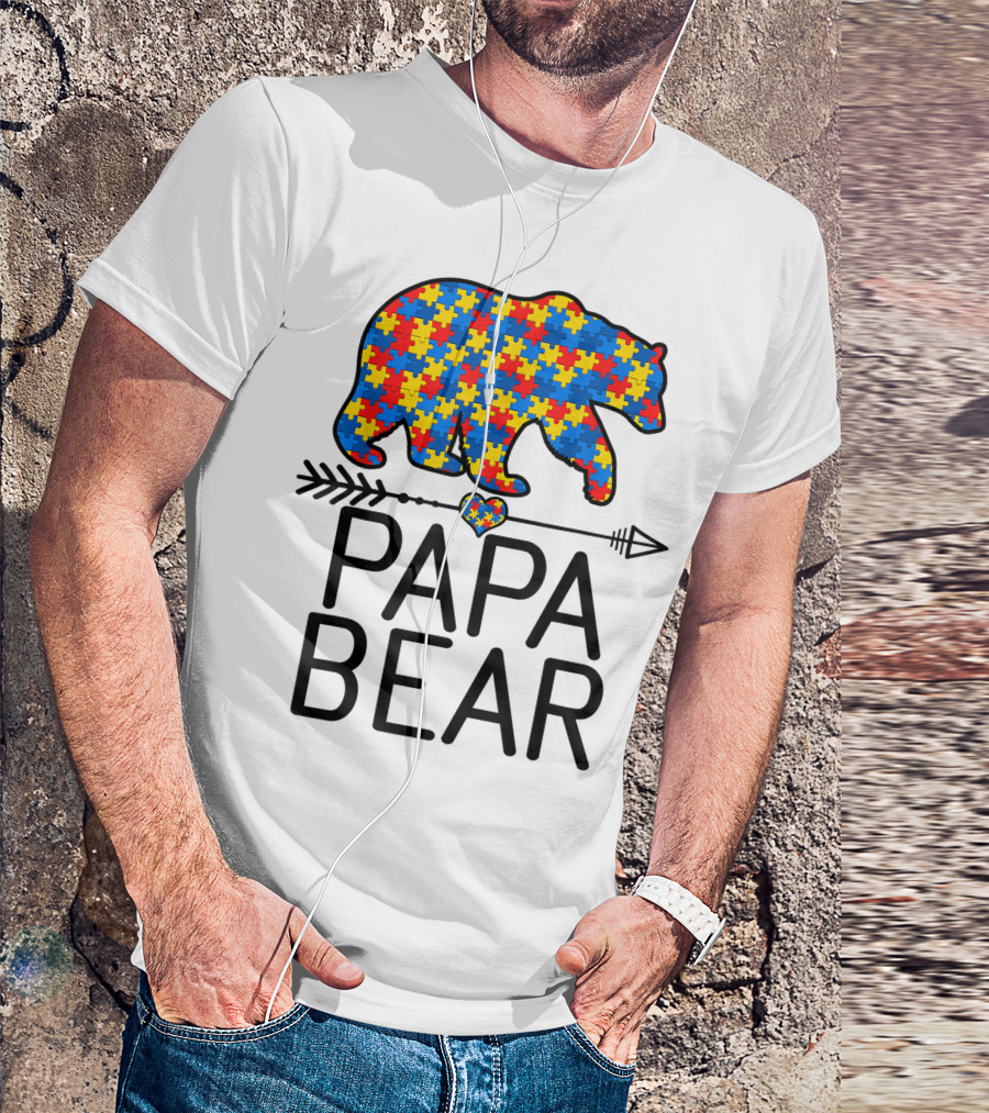 Papa Bear Puzzle Piece Heart Autism Awareness Support Autistic T-Shirt