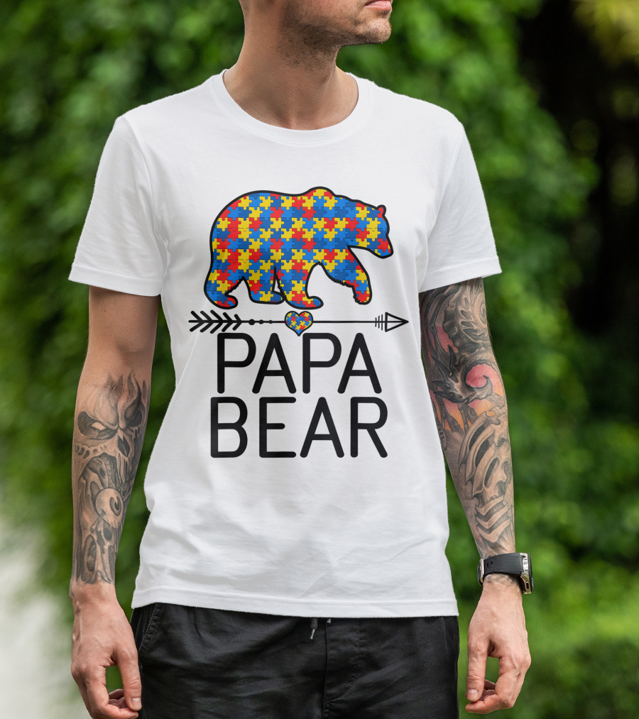 Papa Bear Puzzle Piece Heart Autism Awareness Support Autistic T-Shirt