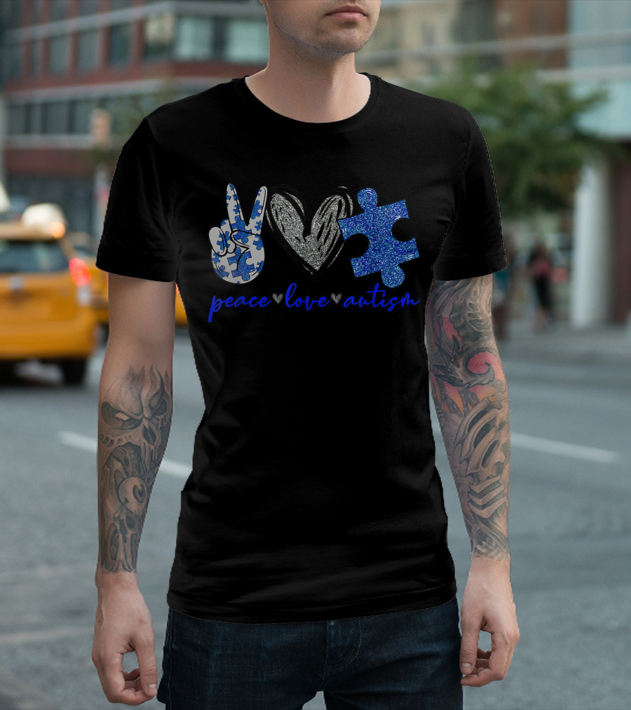 Peace Love Autism Heart Puzzle Piece Autism Awareness Month Support Autism T-Shirt