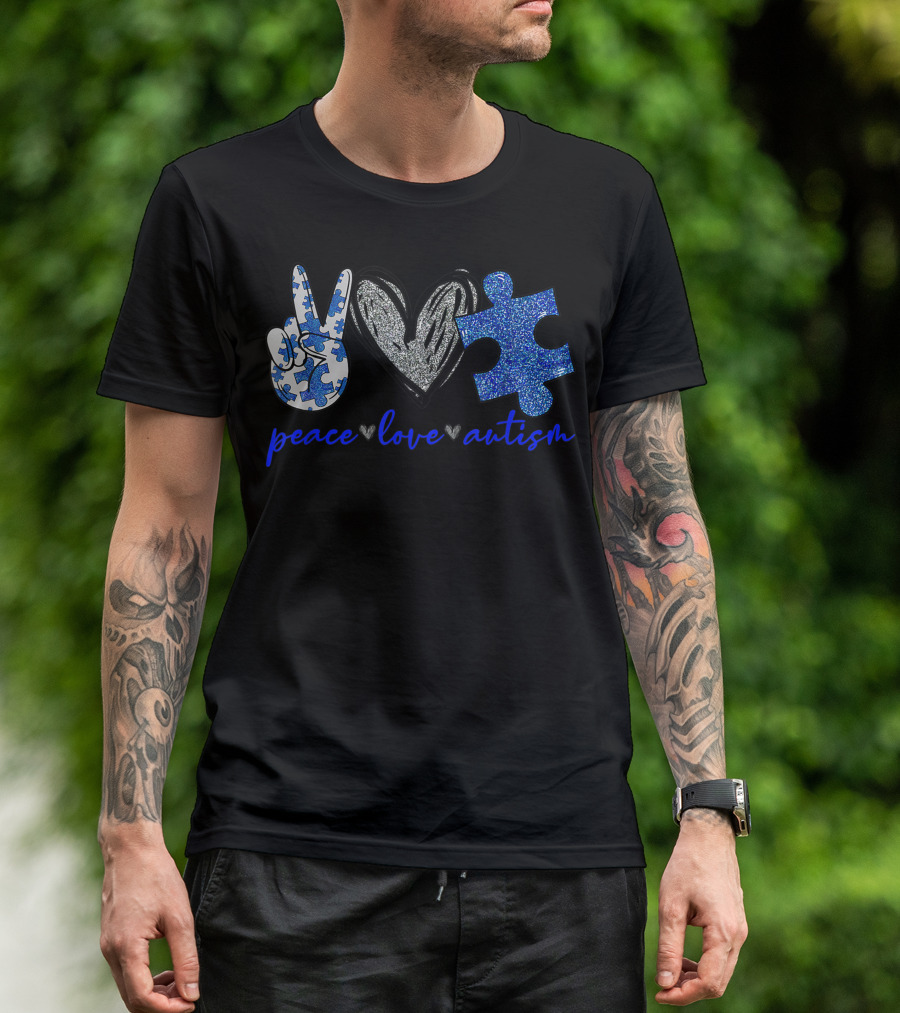 Peace Love Autism Heart Puzzle Piece Autism Awareness Month Support Autism T-Shirt