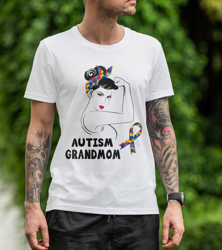 Autism Grandmom Puzzle Ribbon Strong Proud Awareness T-Shirt