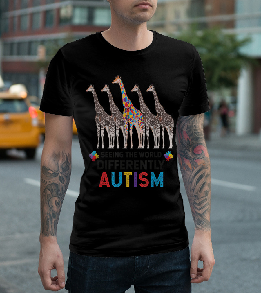 Seeing The World Differently Autism Giraffe Colorful Awareness Puzzle T-Shirt
