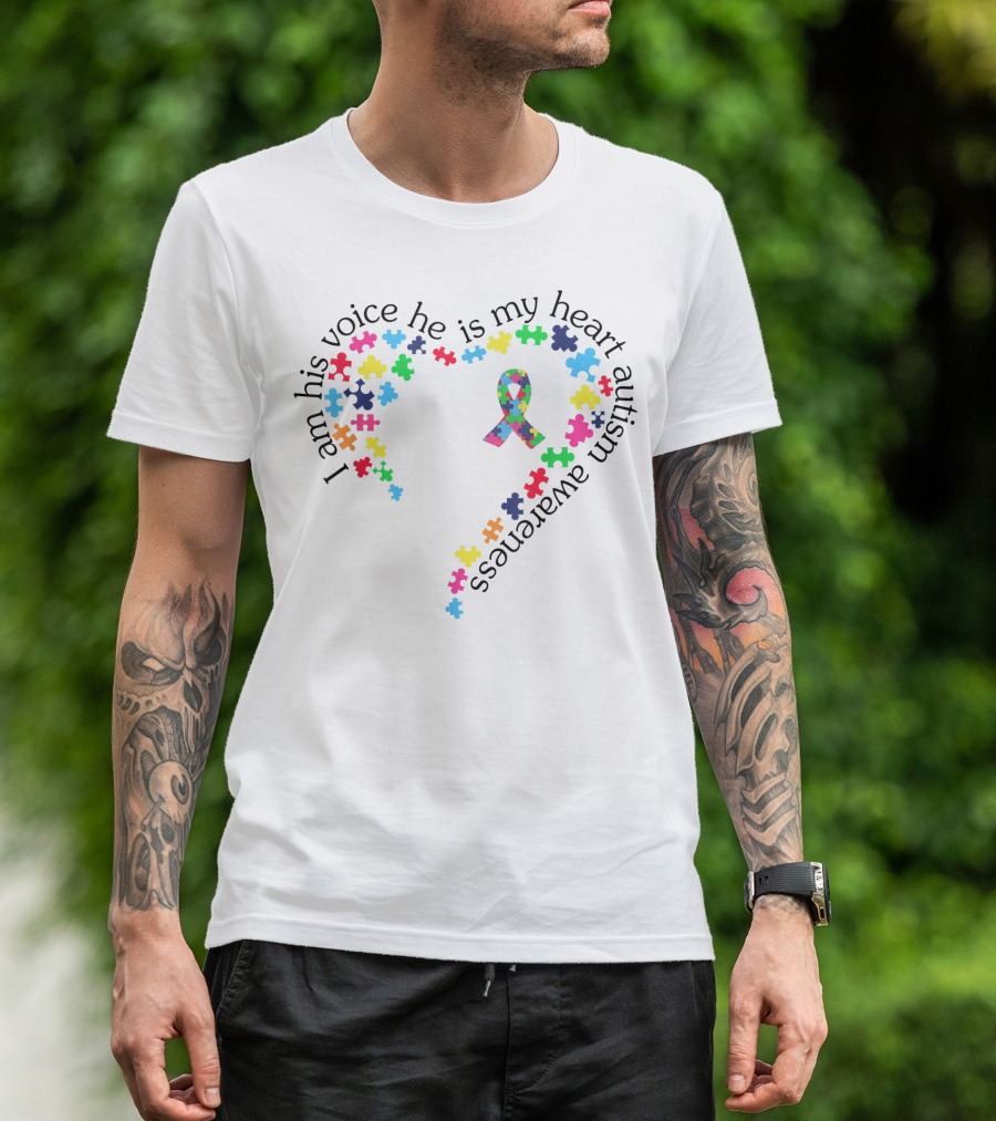 I Am His Voice He Is My Heart Autism Awareness Ribbon Puzzle T-Shirt