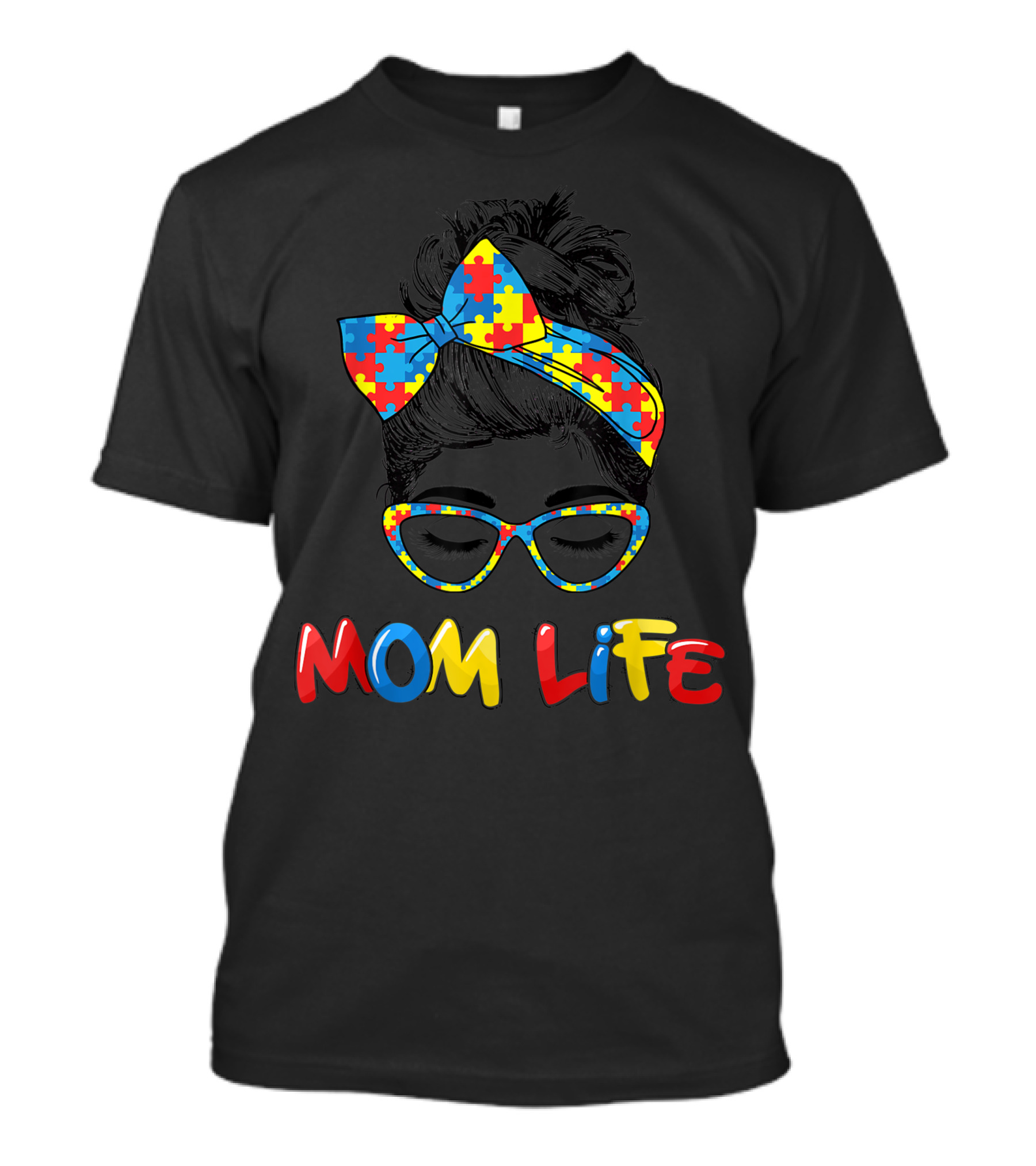Mom Life Autistic Autism Awareness Puzzle Bow Glasses T-Shirt