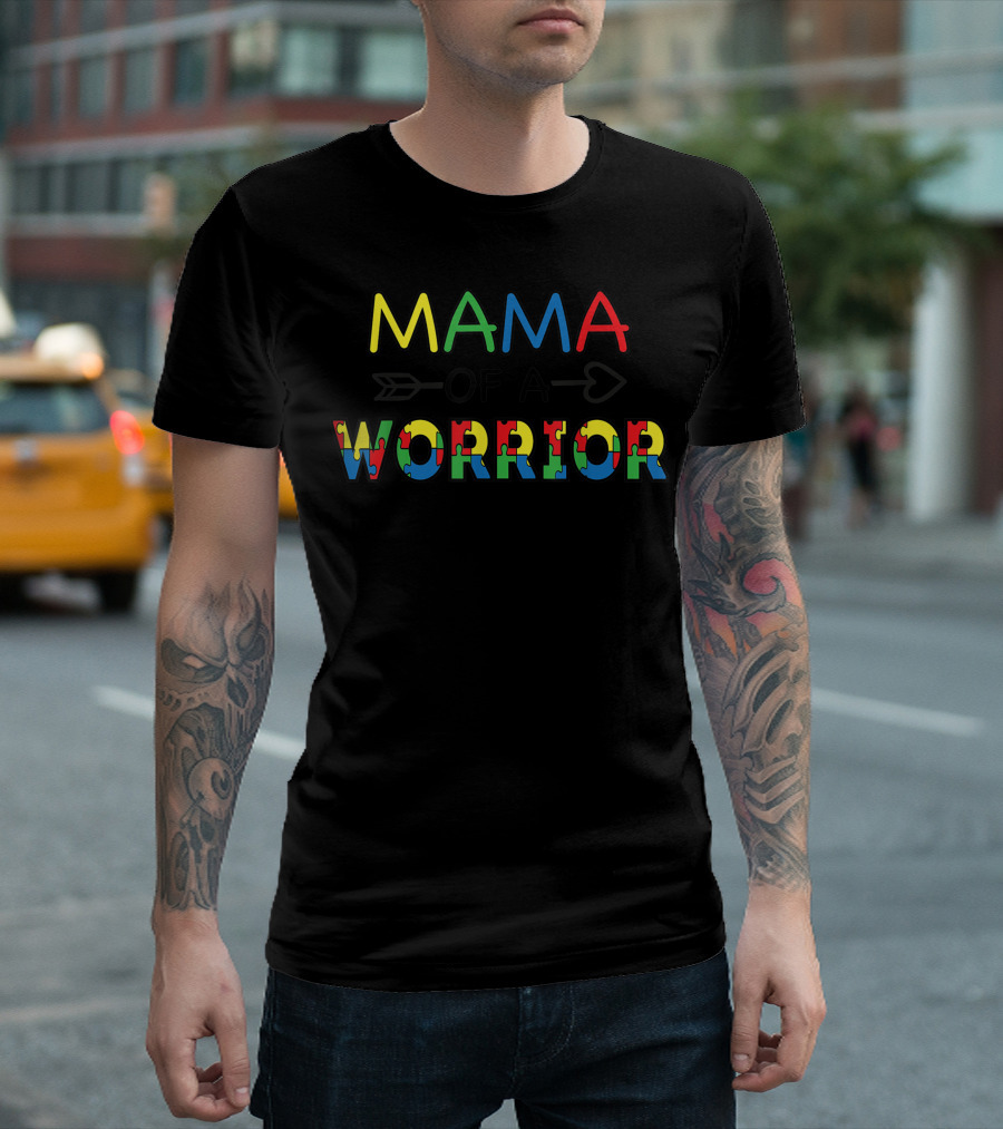 Mama of a Warrior Autism Awareness Puzzle Pieces and Heart Arrow T-Shirt