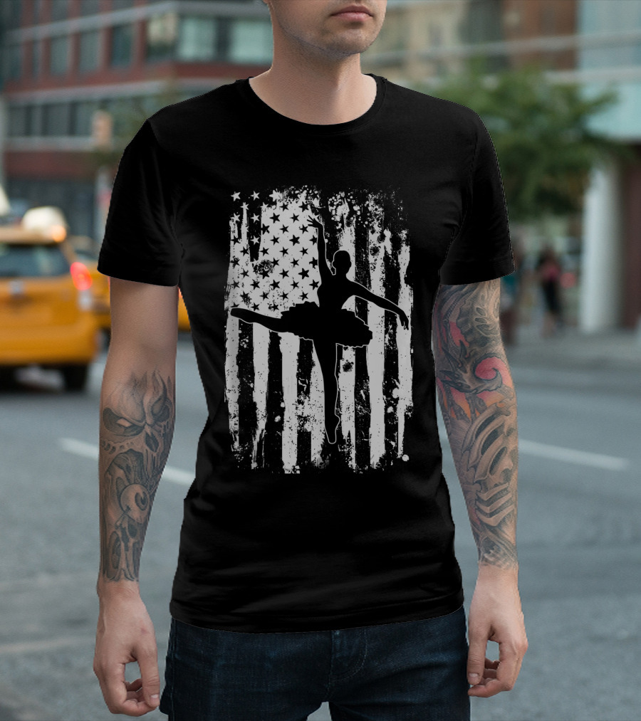 Ballet Ballerina Silhouette With Distressed USA Flag Background T-Shirt