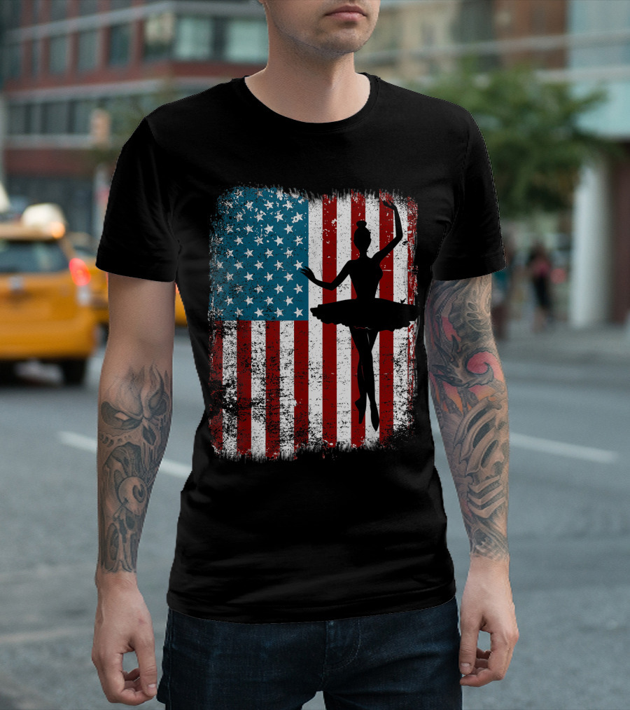 Ballet Dancer Silhouette Against American Flag for USA 4th of July T-Shirt