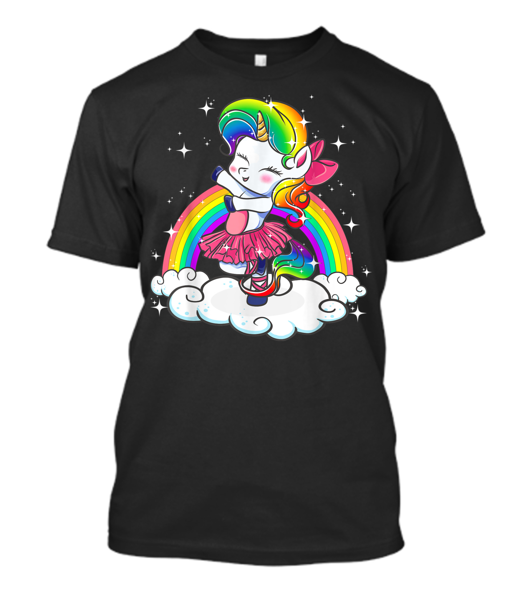 Rainbow Unicorn Ballerina Dancing On Clouds With Sparkling Stars And Colorful Bow T-Shirt