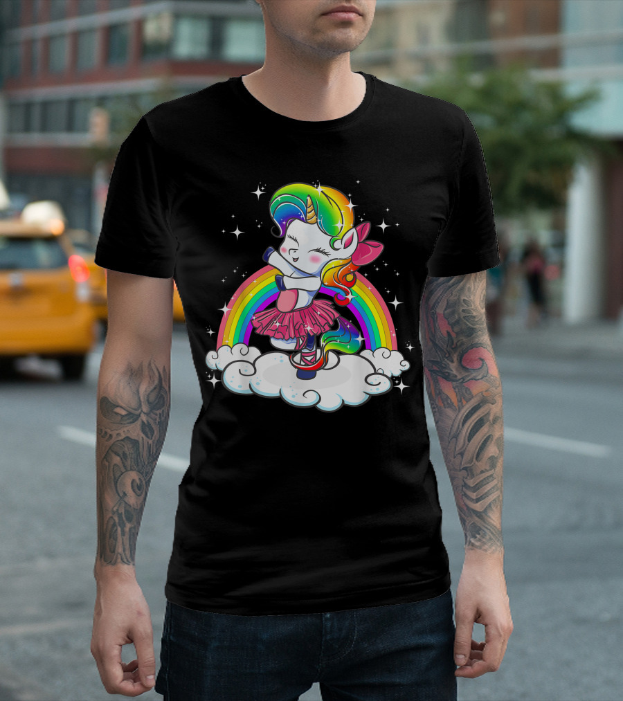 Rainbow Unicorn Ballerina Dancing On Clouds With Sparkling Stars And Colorful Bow T-Shirt