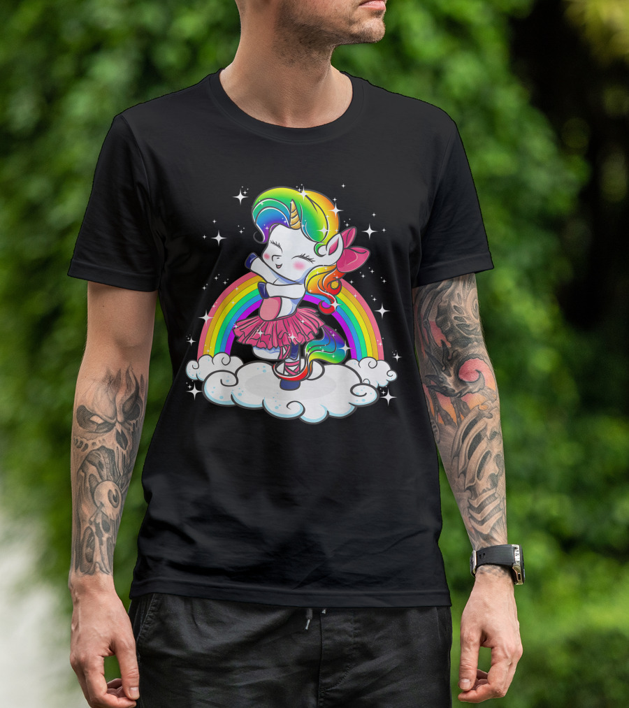 Rainbow Unicorn Ballerina Dancing On Clouds With Sparkling Stars And Colorful Bow T-Shirt