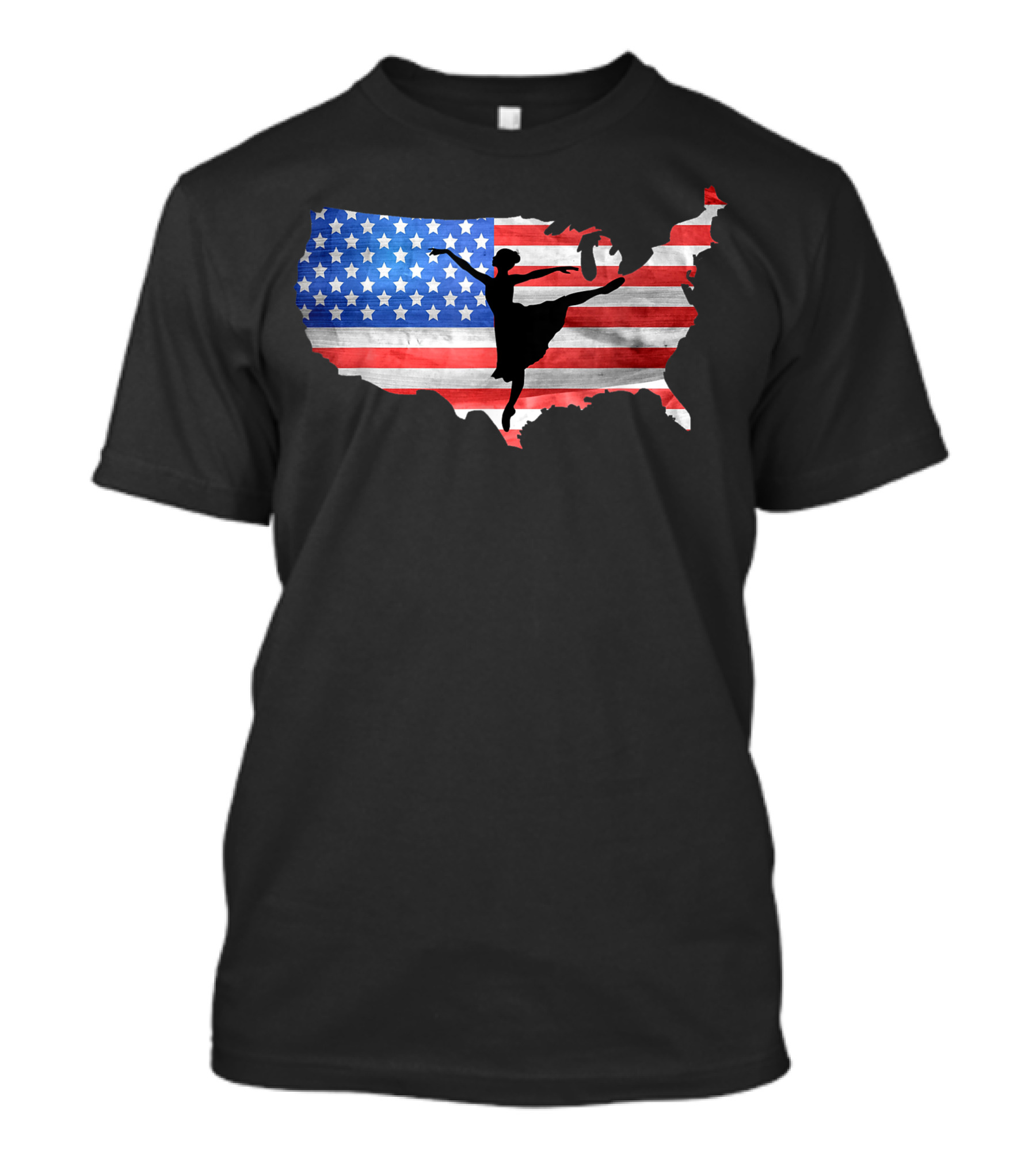 Ballet Dancer Silhouette On American Flag USA Map T-Shirt