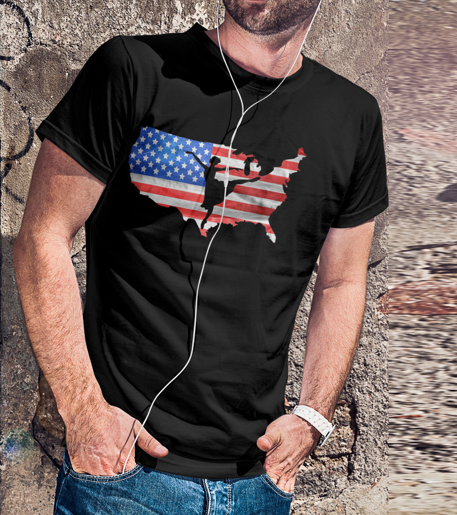 Ballet Dancer Silhouette On American Flag USA Map T-Shirt