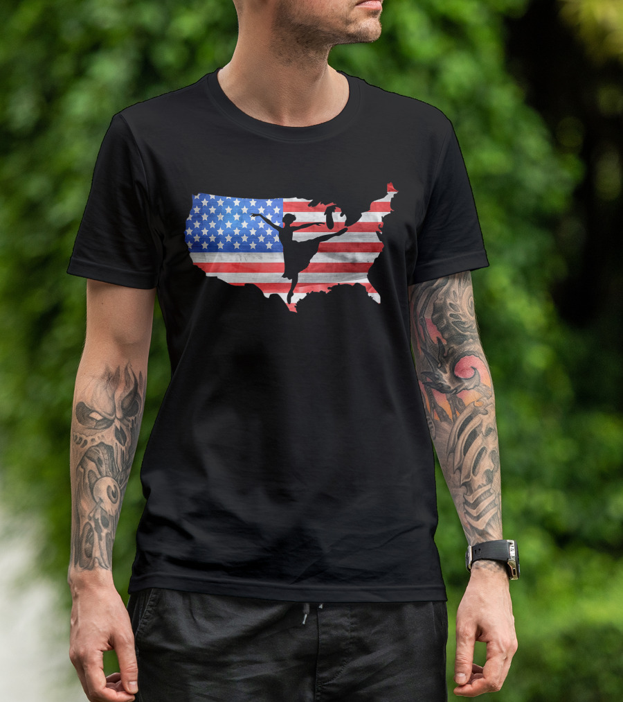 Ballet Dancer Silhouette On American Flag USA Map T-Shirt