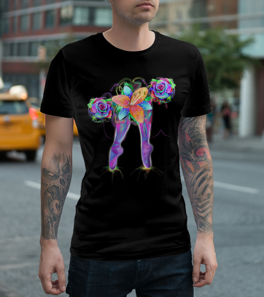Cute Colorful Rainbow Ballet Shoes with Vibrant Floral Accents T-Shirt