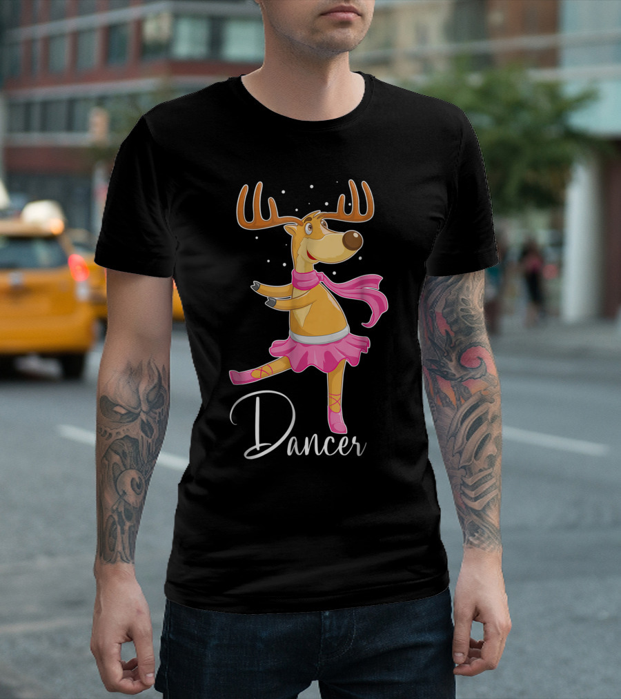 Cute Reindeer Ballet Dancer In Pink Tutu And Scarf Performing On Stage T-Shirt