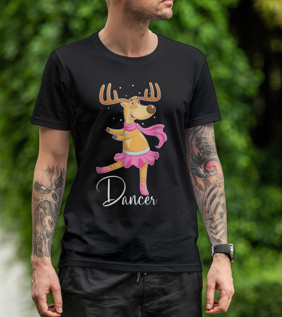 Cute Reindeer Ballet Dancer In Pink Tutu And Scarf Performing On Stage T-Shirt