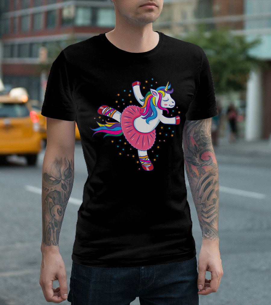 Dancing Ballerina Unicorn in Rainbow Tutu Surrounded by Stars T-Shirt