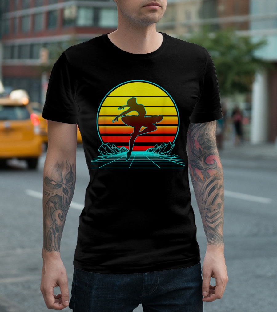 Retro Vintage Sunset Ballet Dancer Silhouette In Neon Synthwave Aesthetic T-Shirt