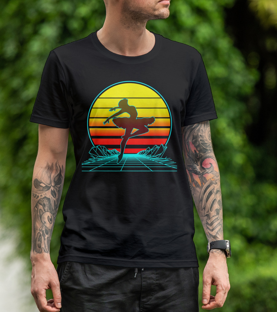 Retro Vintage Sunset Ballet Dancer Silhouette In Neon Synthwave Aesthetic T-Shirt