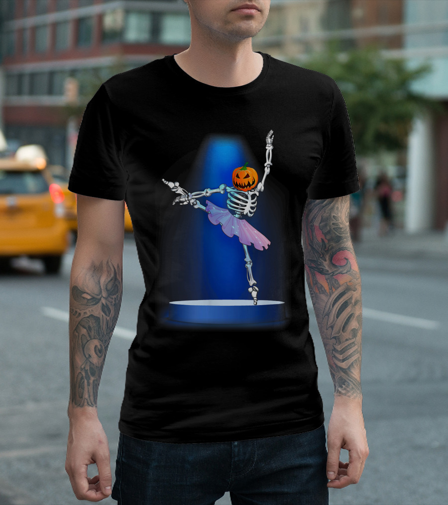 Skeleton Ballerina with Pumpkin Head in Halloween Ballet Pose T-Shirt