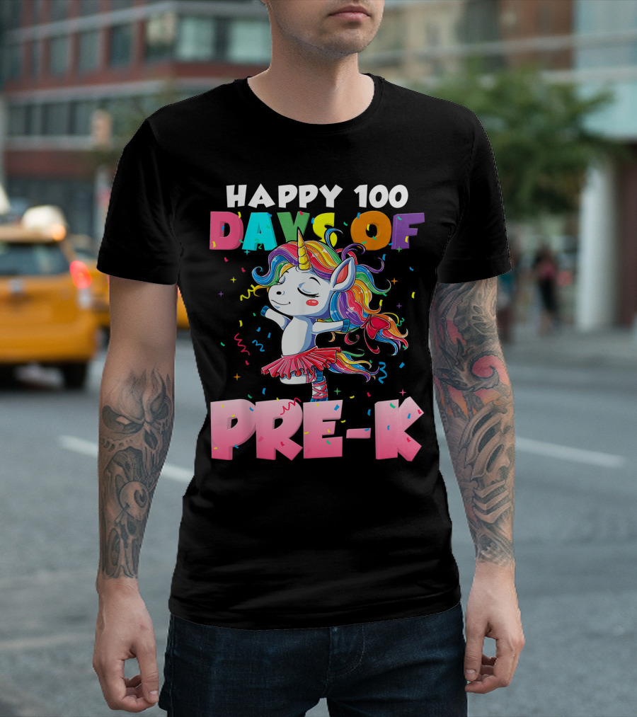 Happy 100 Days Of Pre-K Unicorn Ballet Rainbow T-Shirt