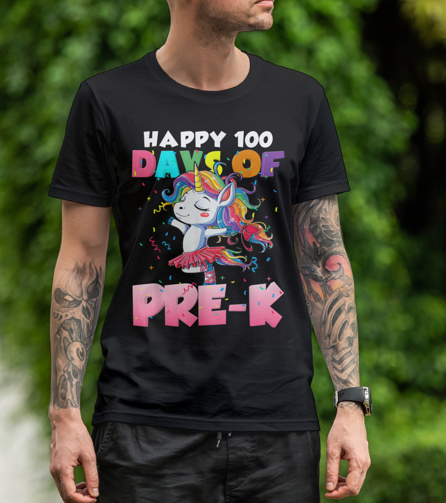 Happy 100 Days Of Pre-K Unicorn Ballet Rainbow T-Shirt