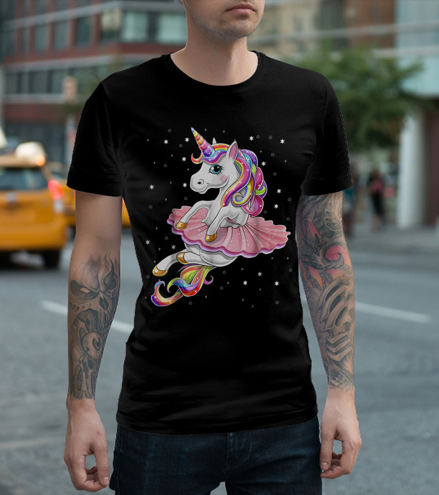 Rainbow Unicorn Ballet Tutu Ballerina With Stars T-Shirt