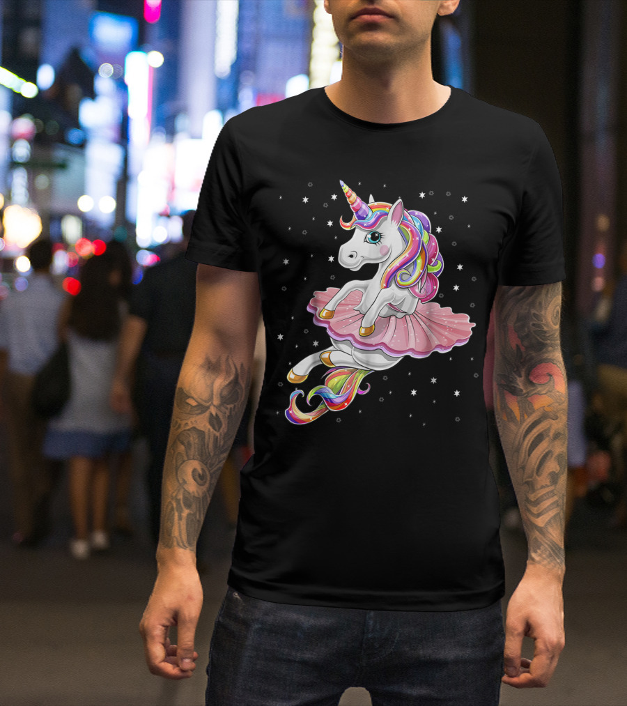 Rainbow Unicorn Ballet Tutu Ballerina With Stars T-Shirt