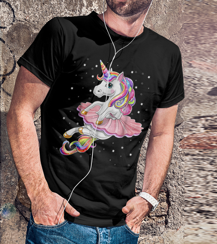 Rainbow Unicorn Ballet Tutu Ballerina With Stars T-Shirt