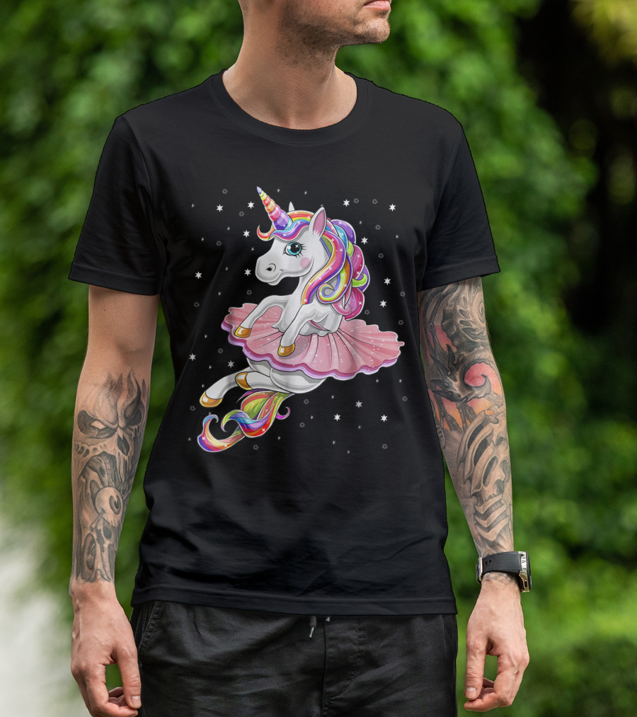 Rainbow Unicorn Ballet Tutu Ballerina With Stars T-Shirt