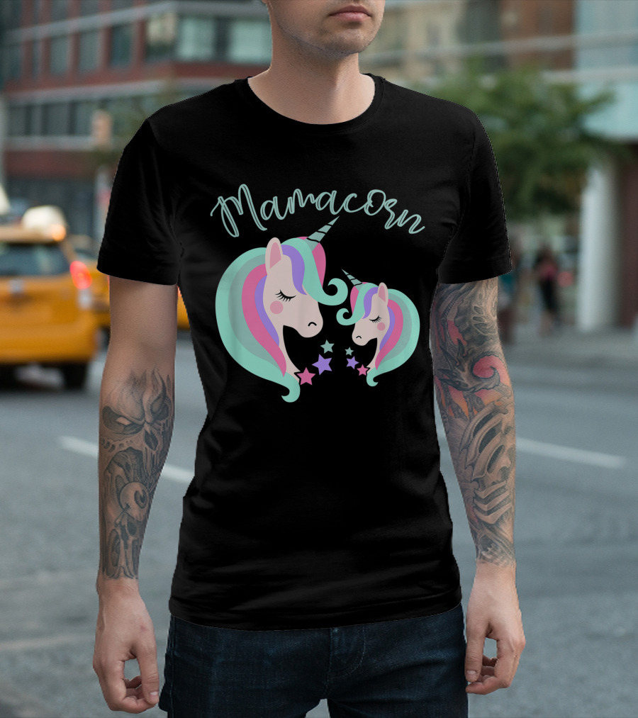 Mamacorn Unicorn Lover Mother Daughter Present with Colorful Unicorns and Stars T-Shirt