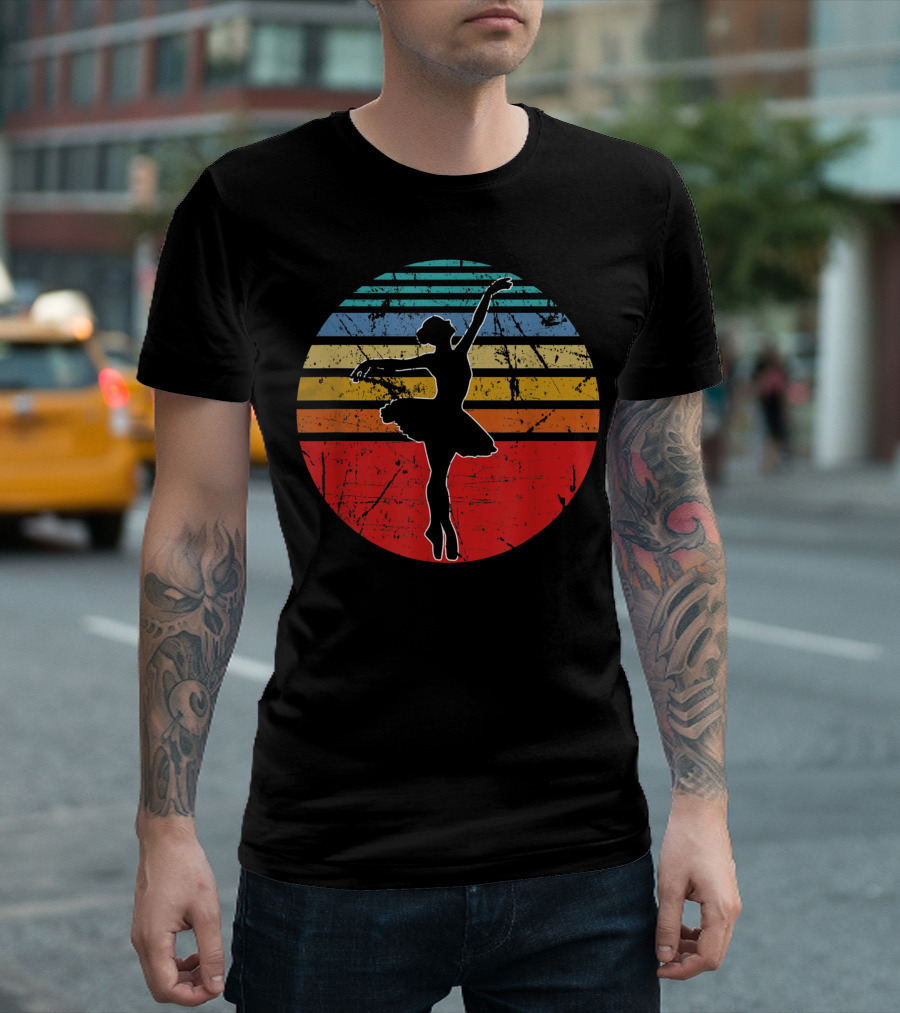 Retro Distressed Ballerina Silhouette With Vintage Stripes T-Shirt