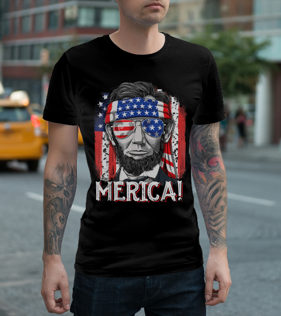 4Th Of July Abe Lincoln Merica USA Flag Bandana Sunglasses T-Shirt