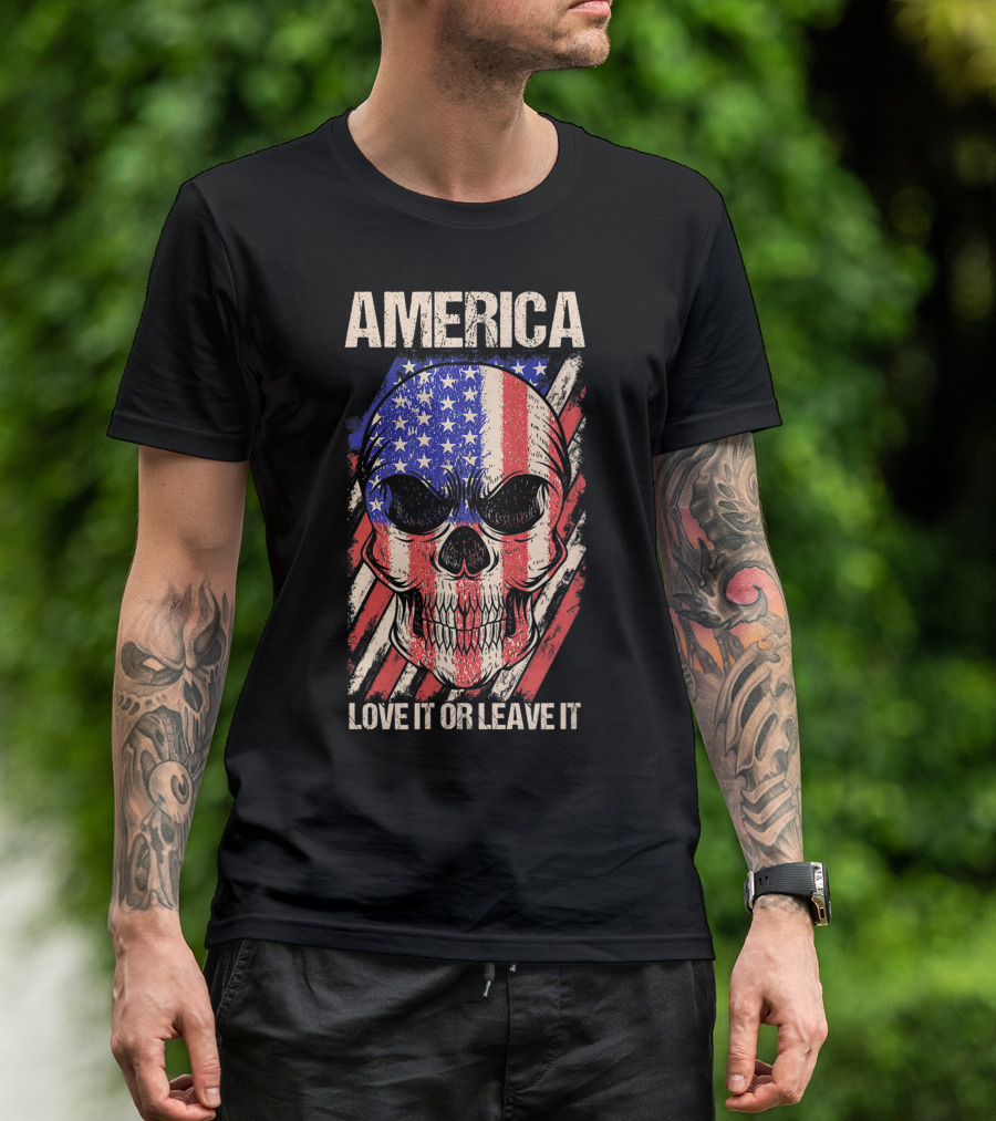 America Love It Or Leave It Skull With American Flag Background T-Shirt