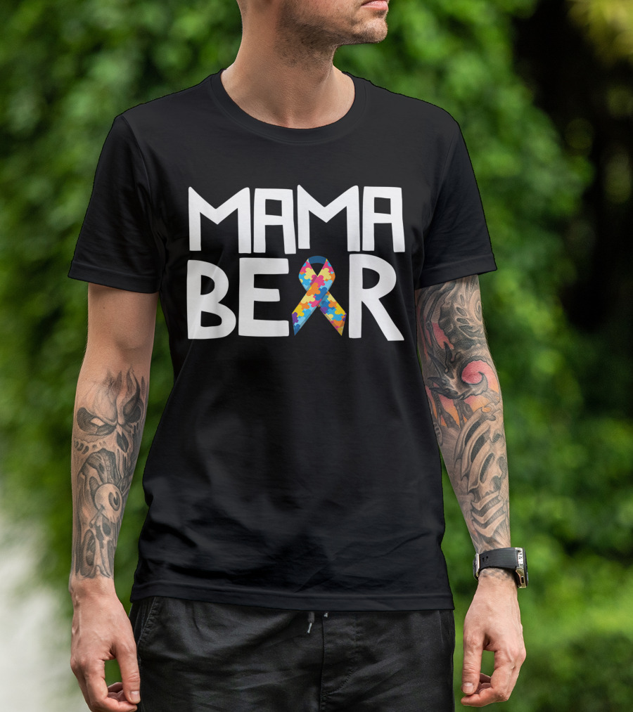 Mama Bear Autism Awareness Puzzle Ribbon Mom T-Shirt