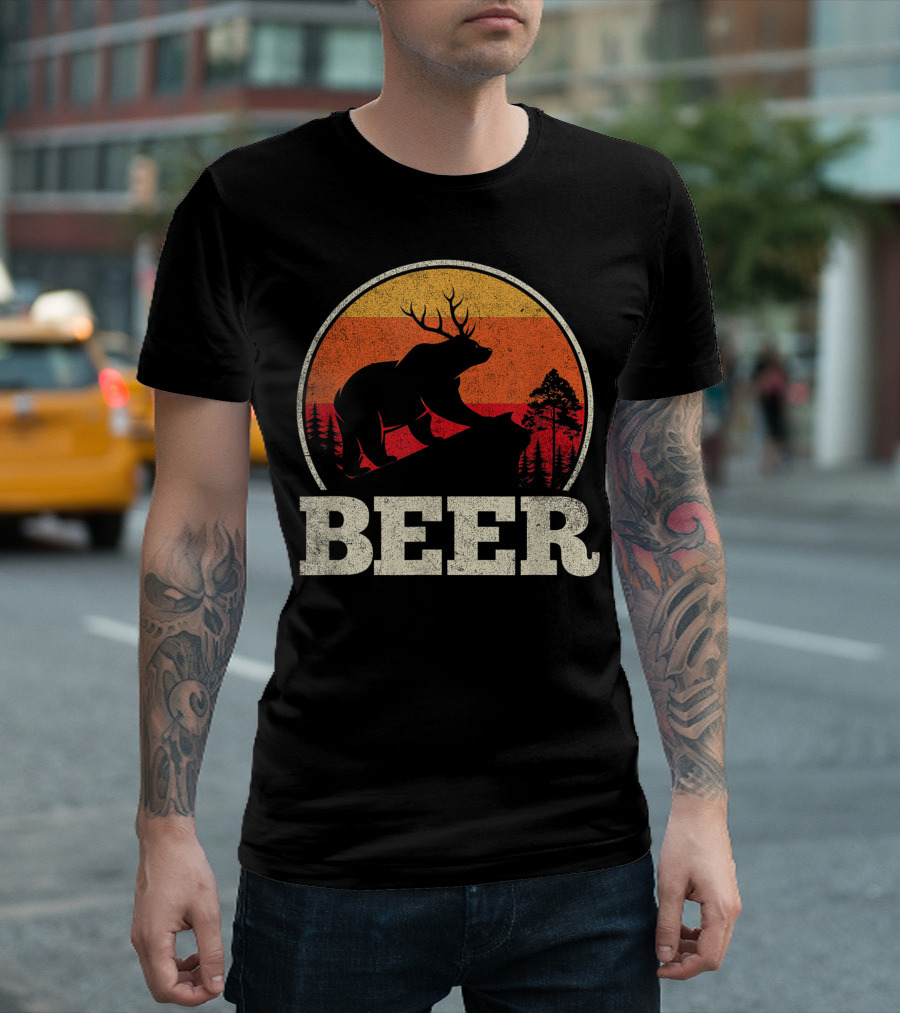 Bear with Deer Antlers Craft Beer Sunset Forest Scene T-Shirt
