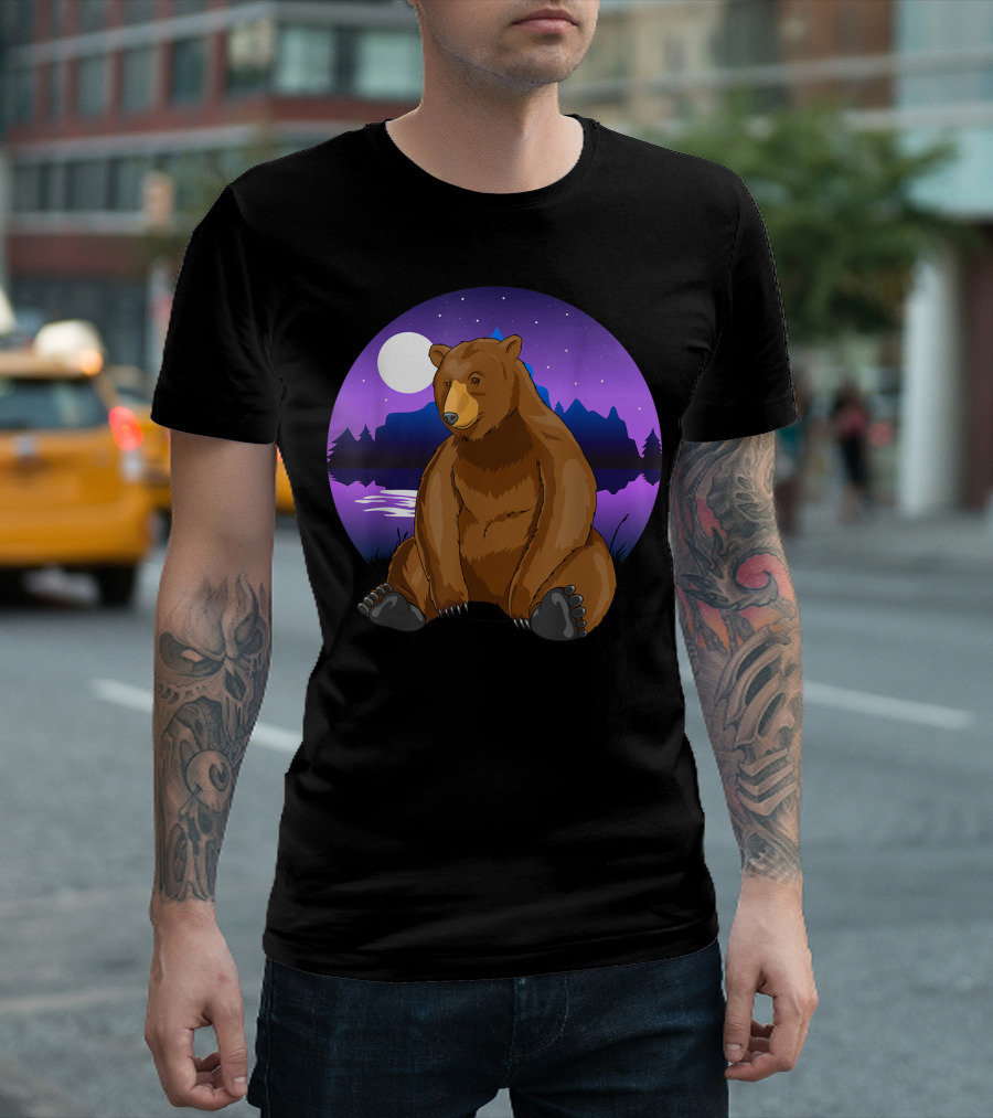 Bear Under Moonlight by the Lake with Mountains T-Shirt